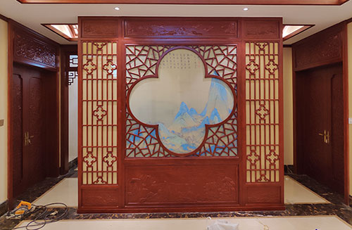 广东会所室内装修中式仿古实木屏风隔断展示