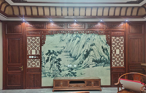 广东中式仿古别墅客厅背景墙花格木作装饰